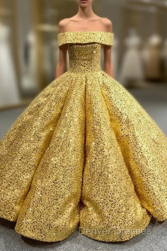 Gold Ball Gown Sequins Cap Sleeve Prom Dress
