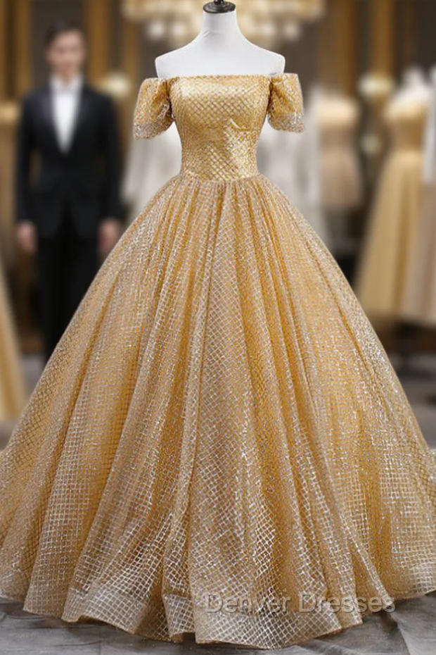 Gold Ball Gown Sequins Short Sleeve Quinceanera Dress With Train Main image