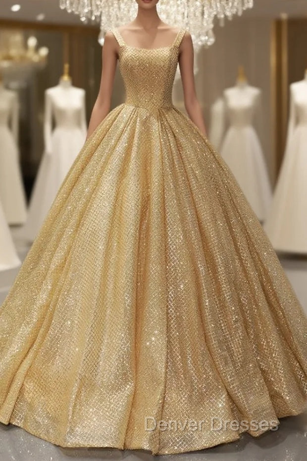 Gold Ball Gown Sequins Straps Floor Length Sweet 16 Prom Dress Main image