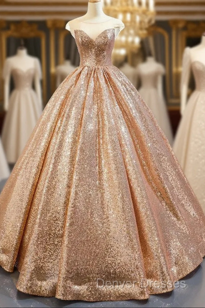 Gold Ball Gown Seuqins Cap Sleeve Long Floor Length Prom Dress Main image