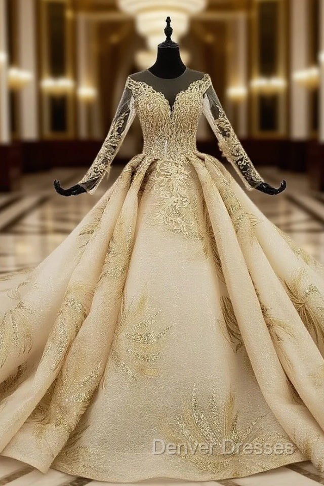 Gold Ball Gown Tulle Appliques Beading Long Backless Wedding Dress Main image
