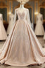 Gold Ball Gown Tulle Sequins Long Sleeve Backless Prom Dress