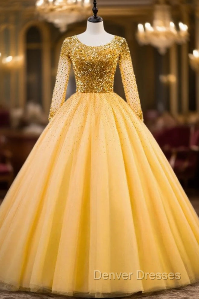 Gold Ball Gown Tulle Sequins Long Sleeve Backless Quinceanera Dress Main image