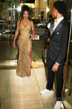Gold Beaded Halter Mermaid High Split Floor length Prom Dresses