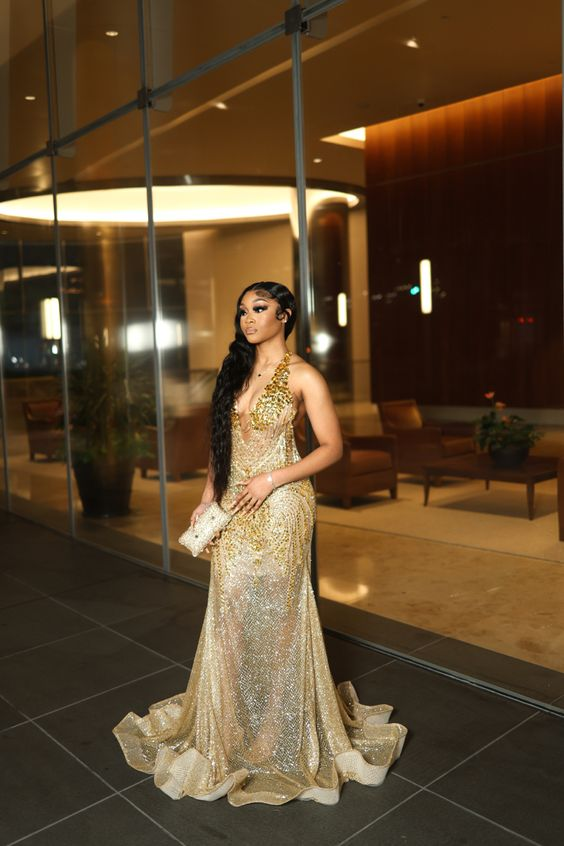 Gold Beaded Sequin Mermaid Prom Dress Evening Dress Secondary image