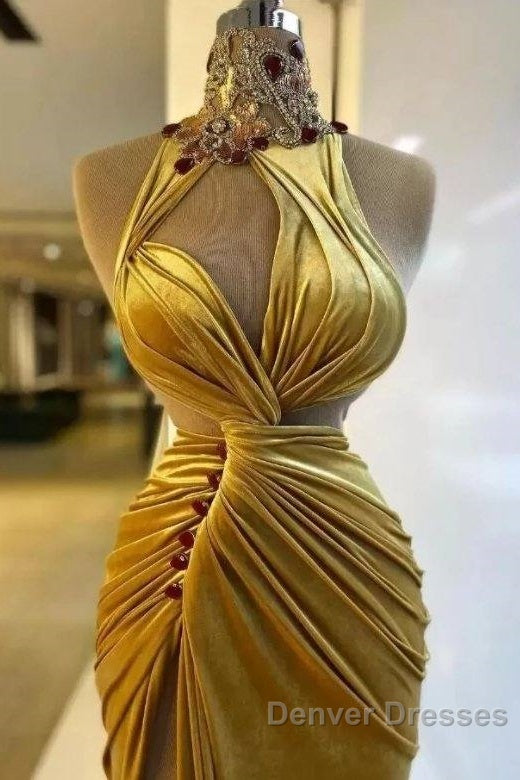 Gold Evening Dress Sheath High Collar Velvet Beaded Slit Long Turkey Dubai Saudi Arabic Evening Gown Prom Dress Secondary image