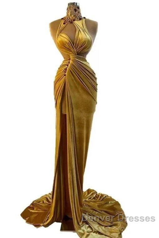 Gold Evening Dress Sheath High Collar Velvet Beaded Slit Long Turkey Dubai Saudi Arabic Evening Gown Prom Dress
