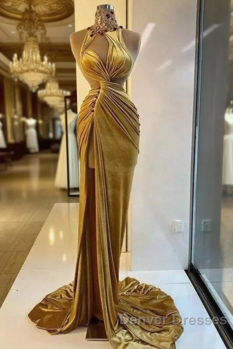Gold Evening Dress Sheath High Collar Velvet Beaded Slit Long Turkey Dubai Saudi Arabic Evening Gown Prom Dress