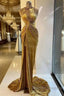 Gold Evening Dress Sheath High Collar Velvet Beaded Slit Long Turkey Dubai Saudi Arabic Evening Gown Prom Dress