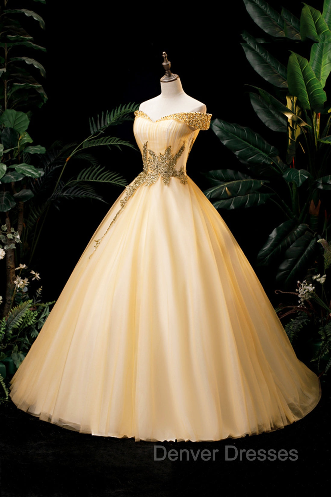 Gold Floor Length Tulle Beading Formal Dress, Lovely Off the Shoulder Evening Party Dress Secondary image
