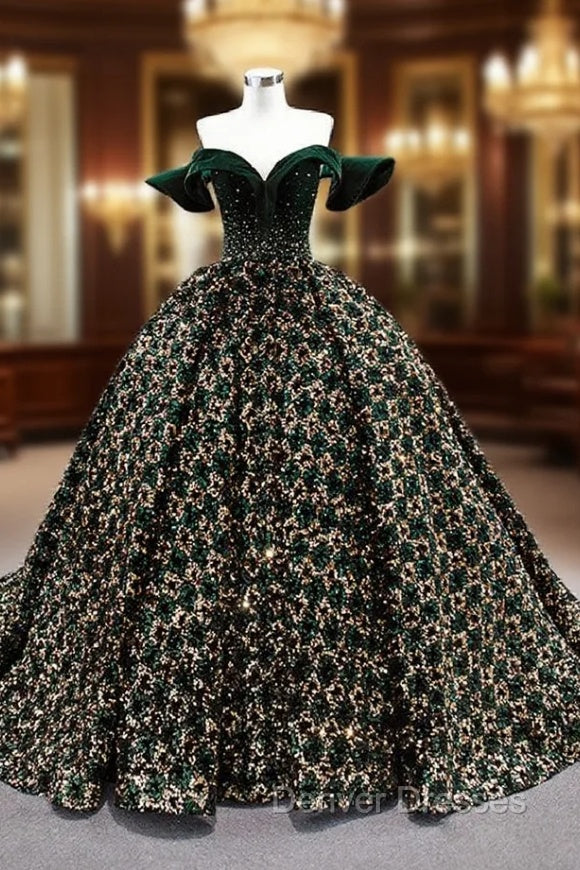 Gold Green Ball Gown Sequins Off the Shoulder Prom Dress Main image