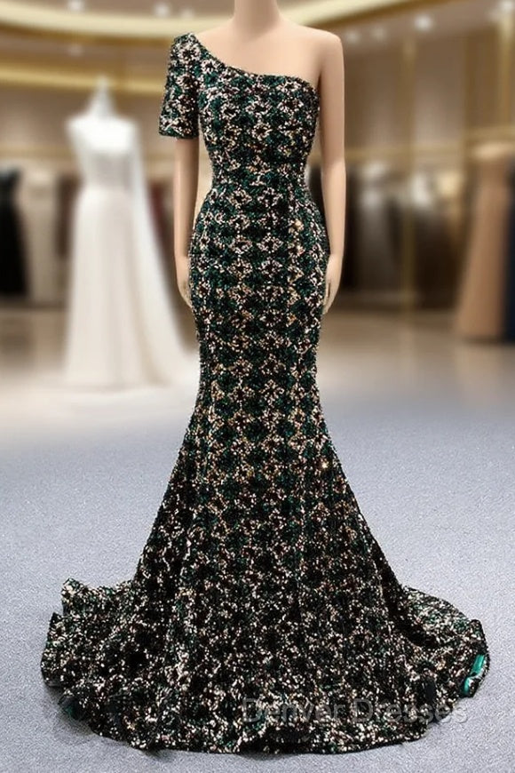 Gold Green Mermaid Sequins One Shoulder Prom Dress Main image