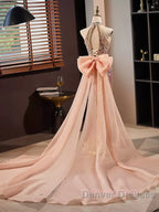 Gold Halter Beading Sequin Mermaid Prom Dress With Detachable Bow