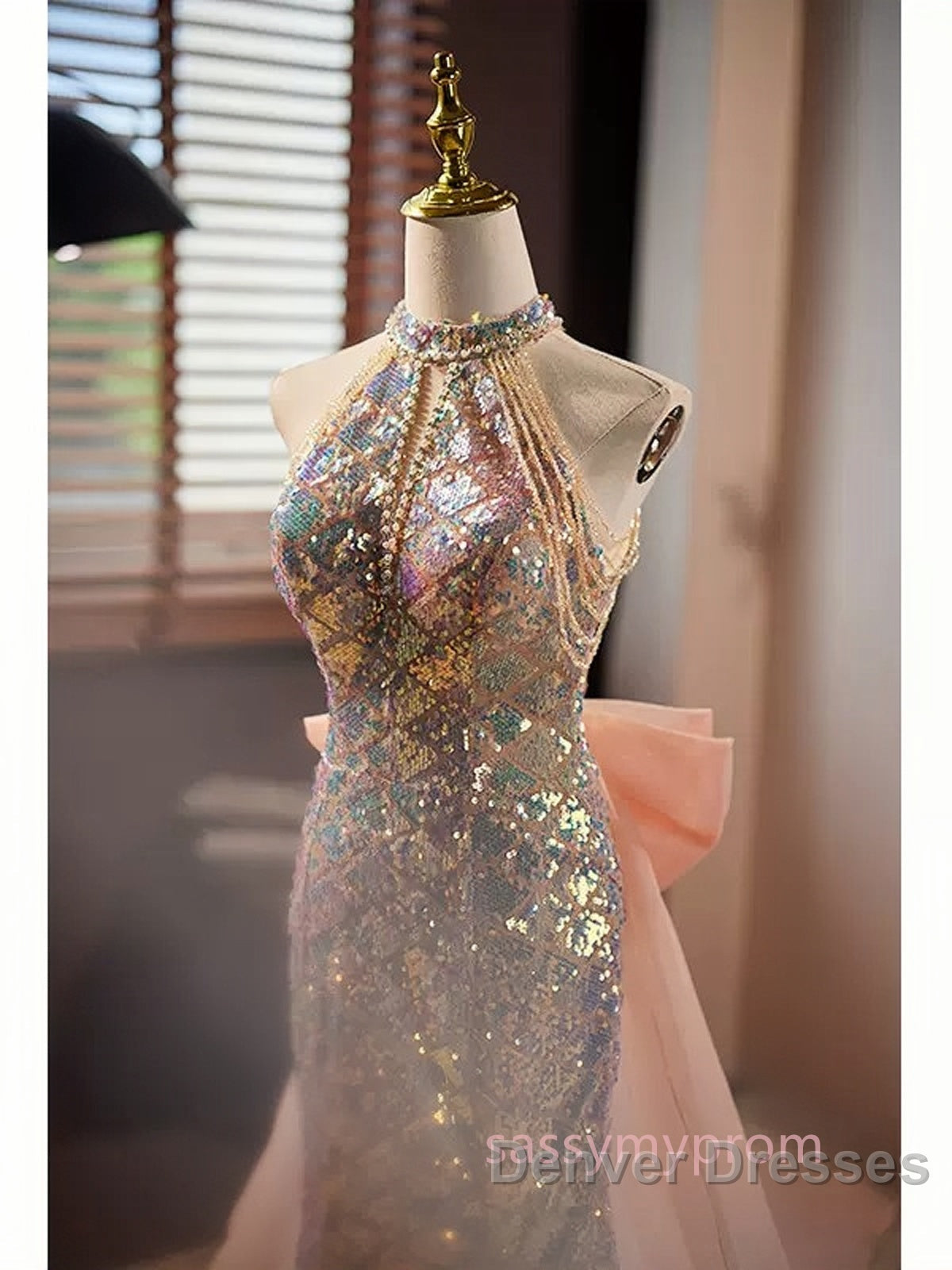 Gold Halter Beading Sequin Mermaid Prom Dress With Detachable Bow