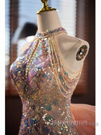 Gold Halter Beading Sequin Mermaid Prom Dress With Detachable Bow