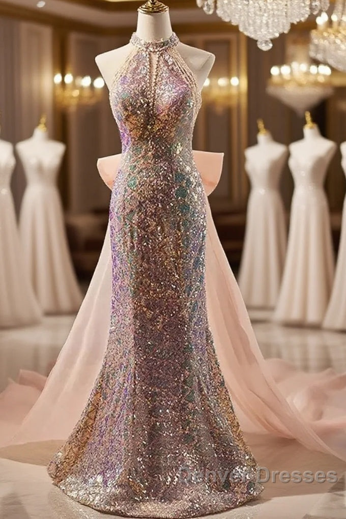 Gold Halter Beading Sequin Mermaid Prom Dress With Detachable Bow Main image
