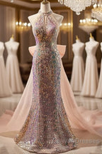 Gold Halter Beading Sequin Mermaid Prom Dress With Detachable Bow