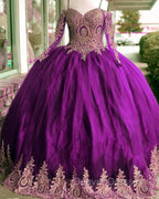 Gold Lace Charro Quinceanera Dress Long Sleeve Off The Shoulder