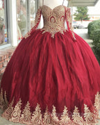 Gold Lace Charro Quinceanera Dress Long Sleeve Off The Shoulder