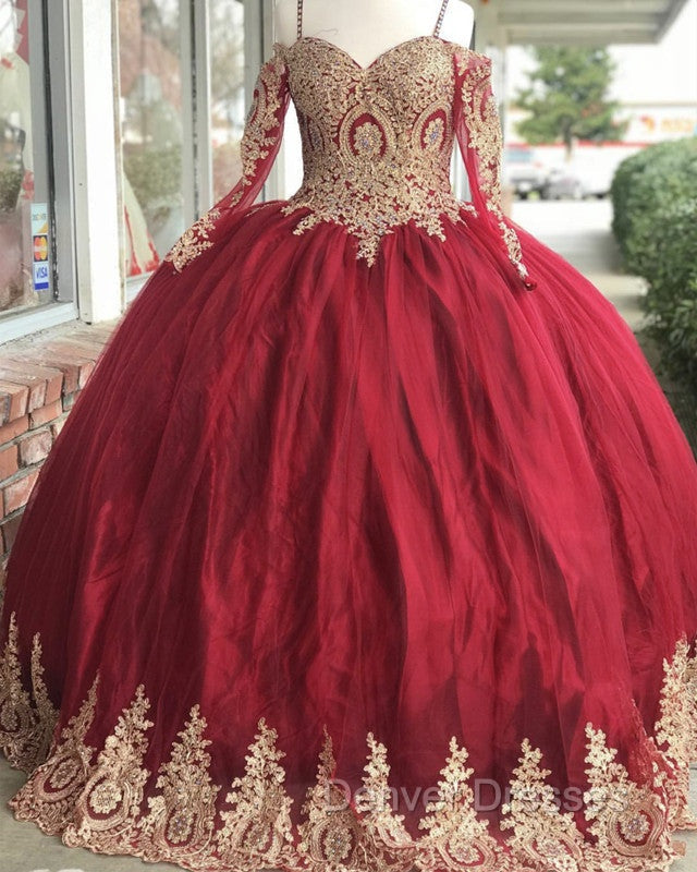 Gold Lace Charro Quinceanera Dress Long Sleeve Off The Shoulder