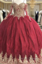 Gold Lace Charro Quinceanera Dress Long Sleeve Off The Shoulder