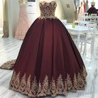 Gold Lace Edge Sweetheart Wine Red Ball Gowns