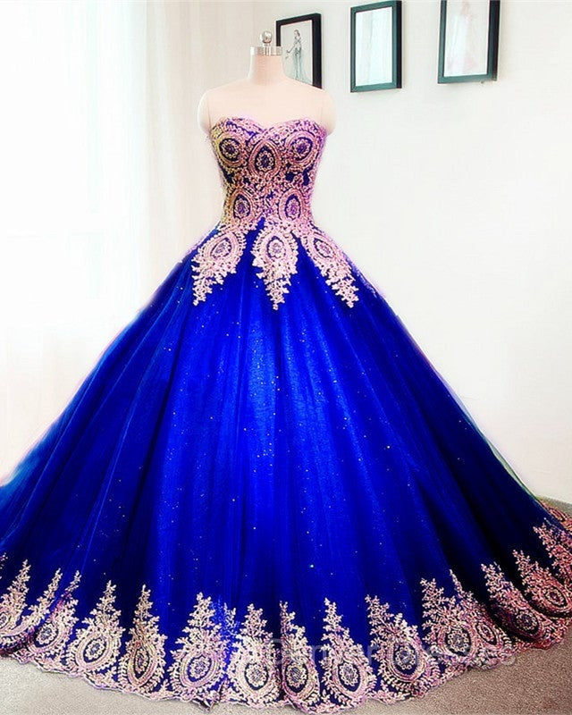 Gold Lace Sweetheart Tulle Ball Gowns Quinceanera Dress