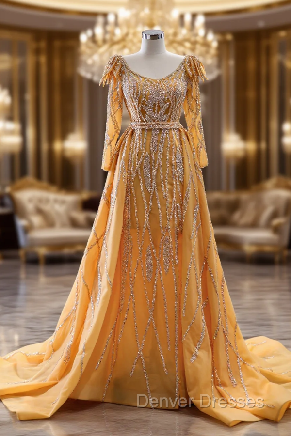 Gold Long Sleeve Beading Prom Dress With Detachable Train Main image