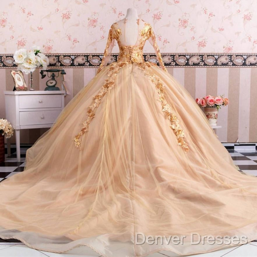 Gold Long Sleeves Wedding Dress Ball Gowns Lace Embroidery