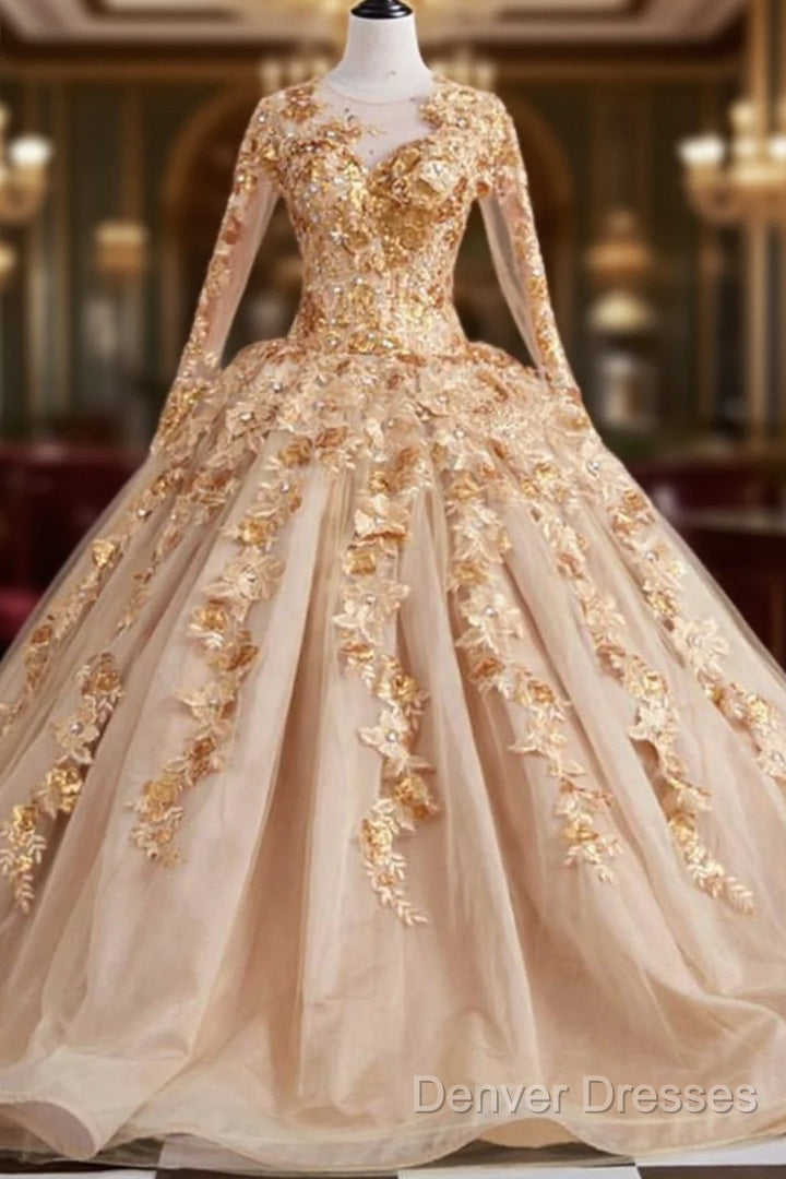 Gold Long Sleeves Wedding Dress Ball Gowns Lace Embroidery Main image