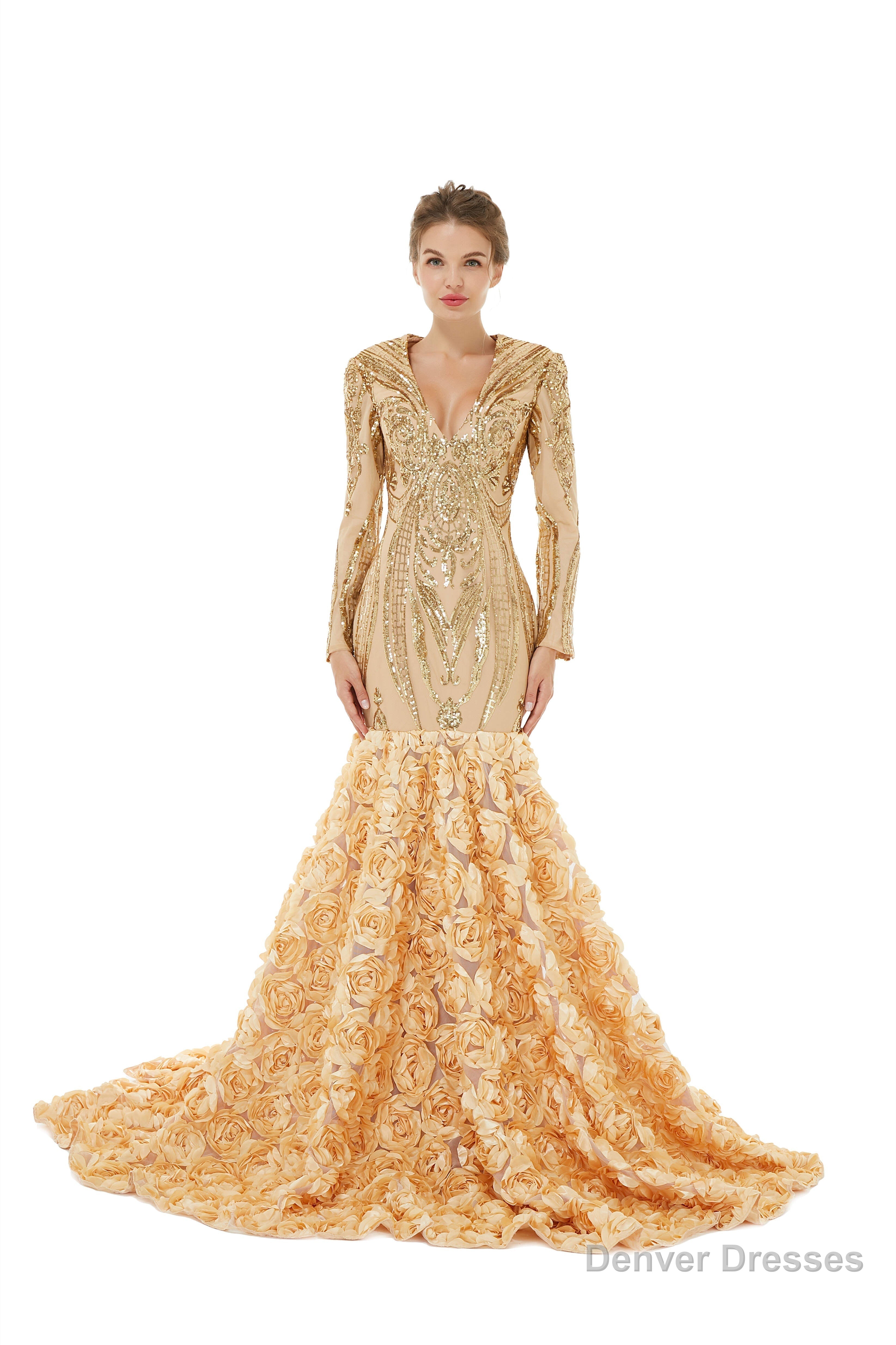 Mermaid Long Sequined Bling Full Sleeves Floral Skirt Prom Dresses