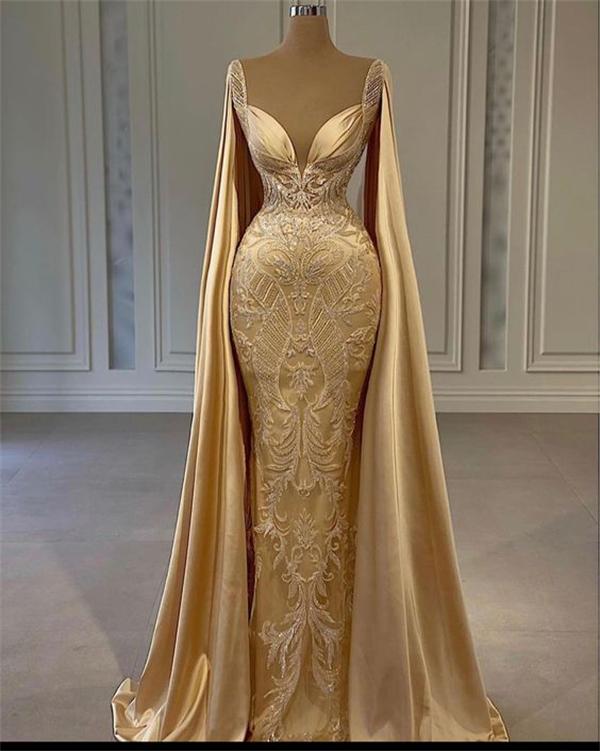 Gold Mermaid Prom Dress With Wrap Beaded Lace Appliqued Evening Dress Party Second Reception Gowns Plus Size Main image