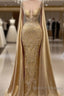 Gold Mermaid Prom Dress With Wrap Beaded Lace Appliqued Evening Dress Party Second Reception Gowns Plus Size