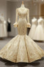 Gold Mermaid Satin Lace Appliques Long Sleeve Luxury Prom Dress