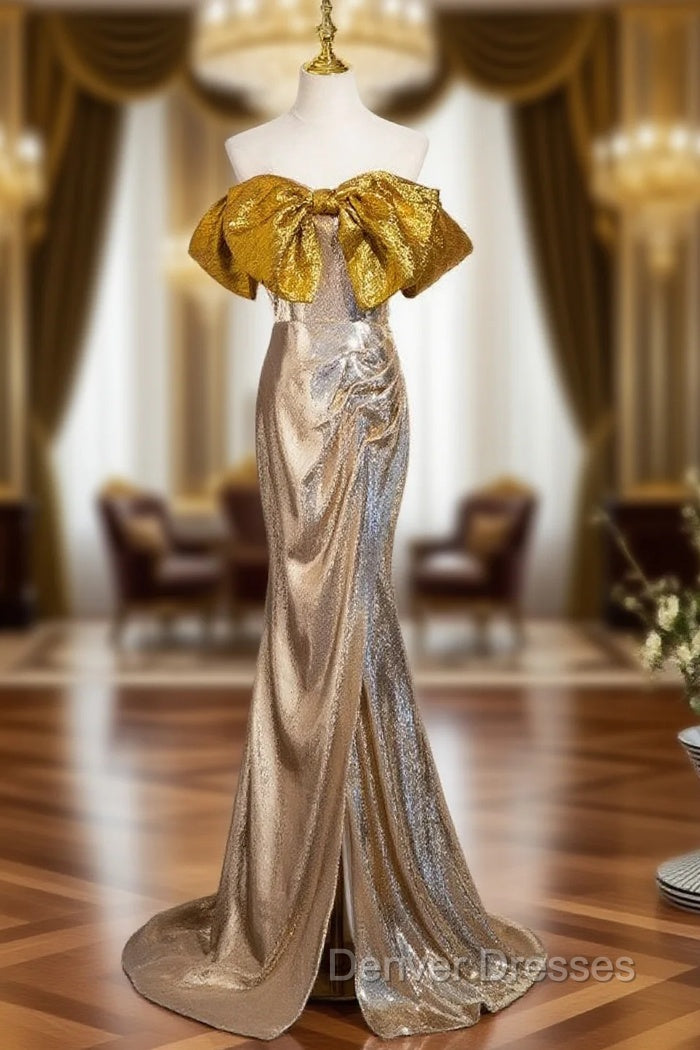 Gold Mermaid Sequins Bow Prom Dress Main image