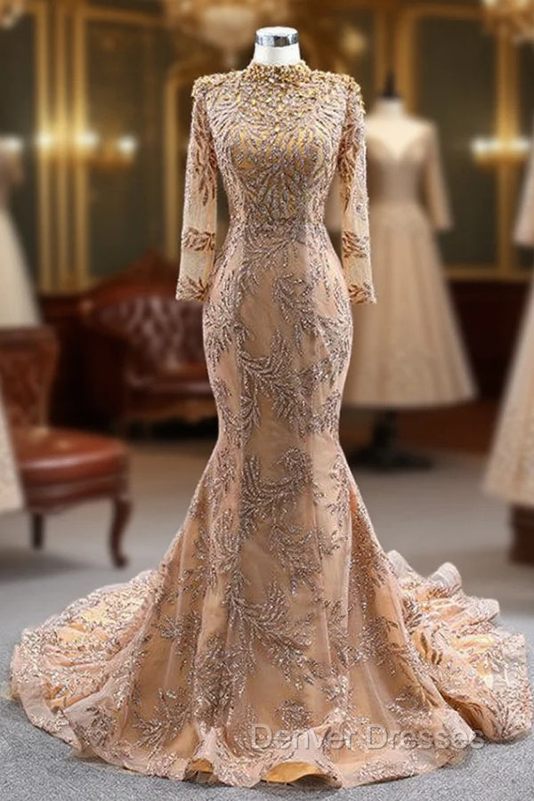 Gold Mermaid Sequins High Neck Pearls Prom Dress Main image