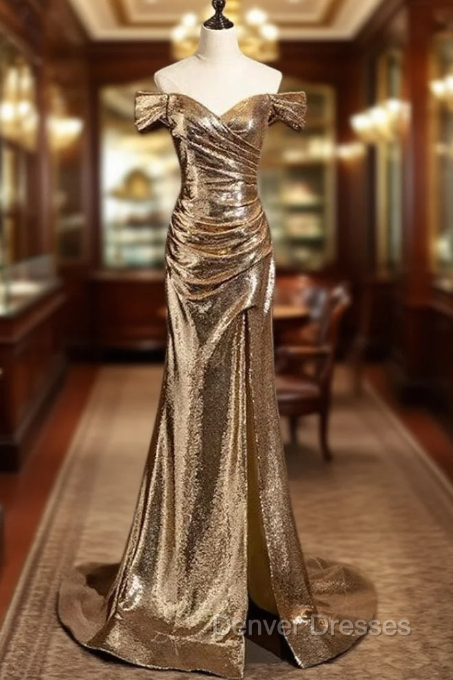 Gold Mermaid Sequins Off the Shoulder Pleats Prom Dress Main image