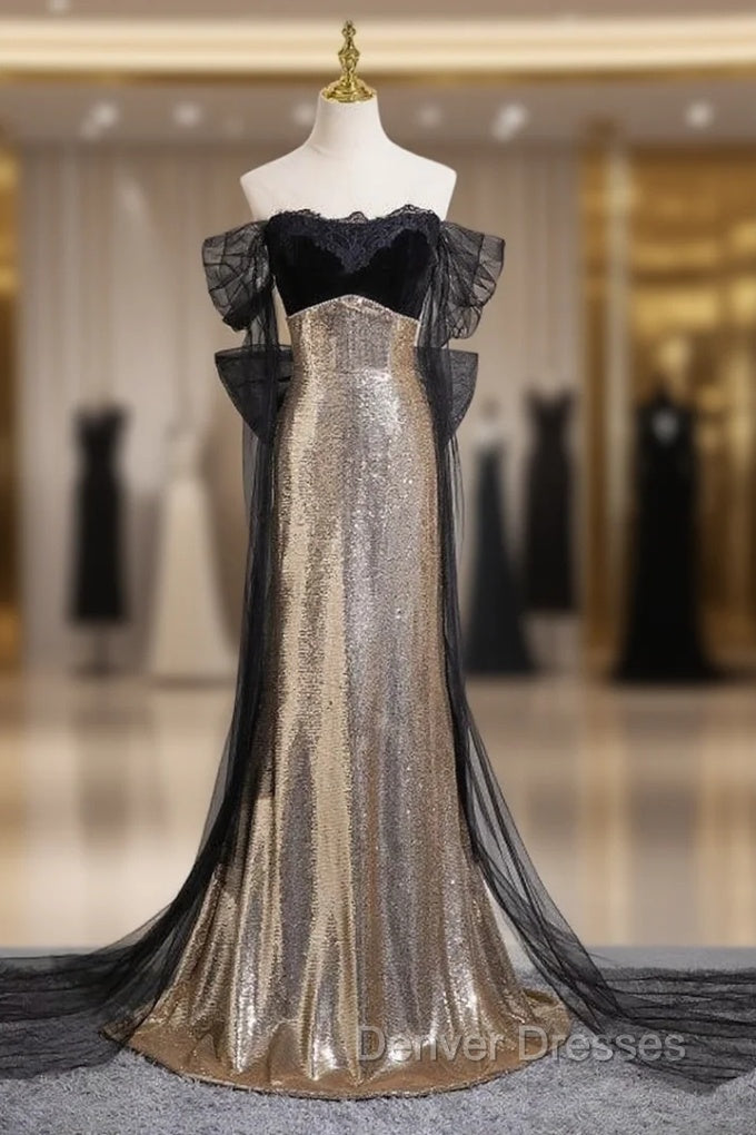 Gold Mermaid Sequins Off the Shoulder Prom Dress With Bow Main image