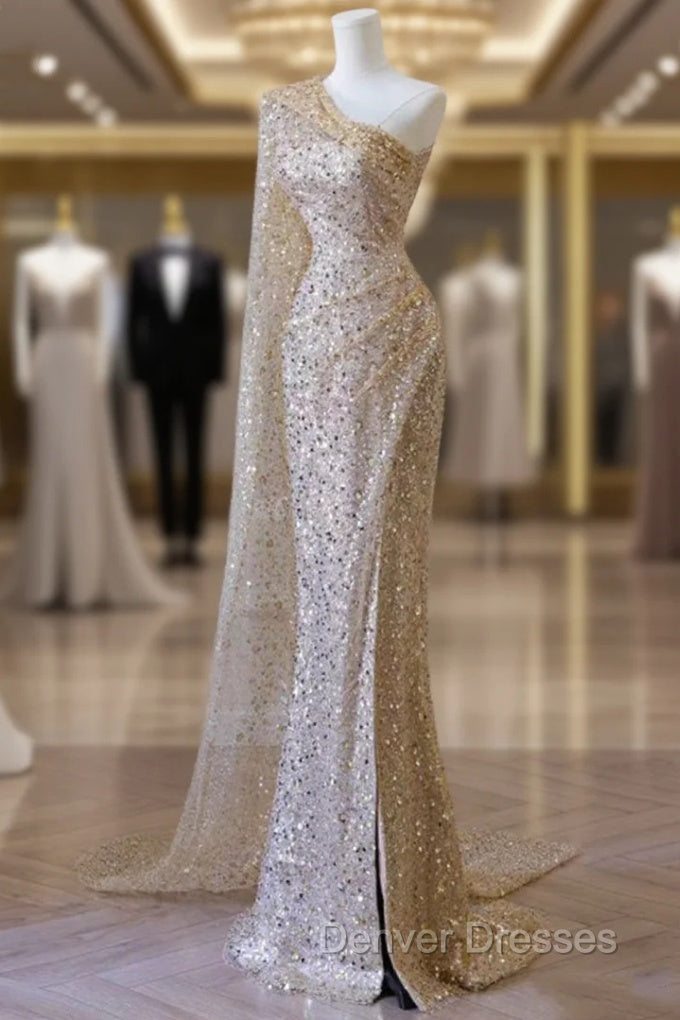 Gold Mermaid Sequins One Shoulder Prom Dress Main image