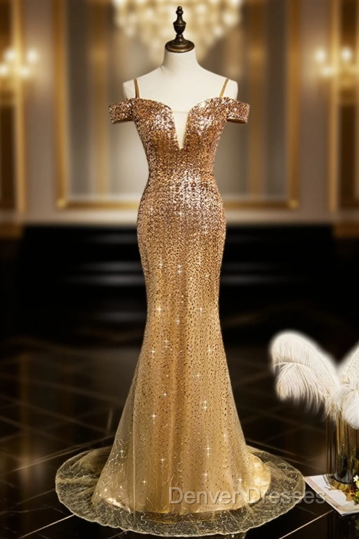 Gold Mermaid Sequins Spaghetti Straps Prom Dress Main image