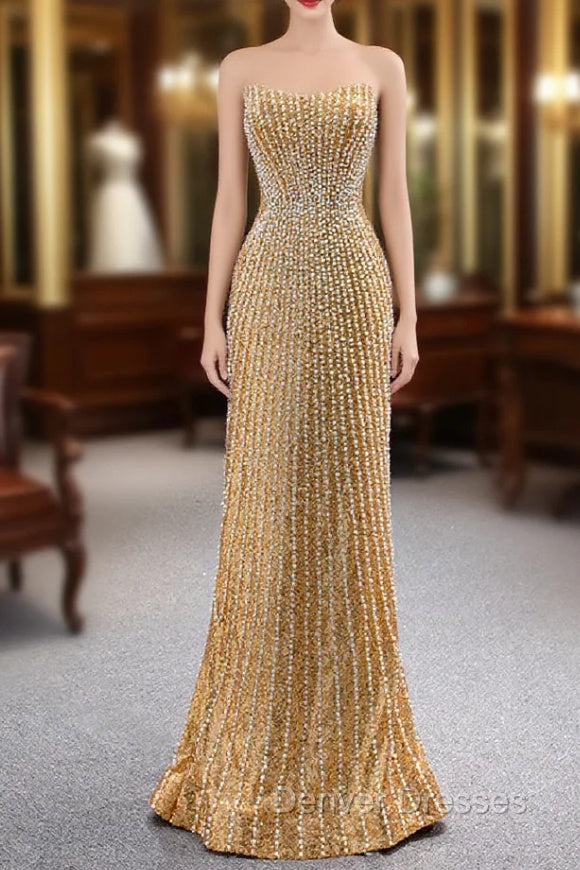 Gold Mermaid Sequins Strapless Pearls Prom Dress Main image
