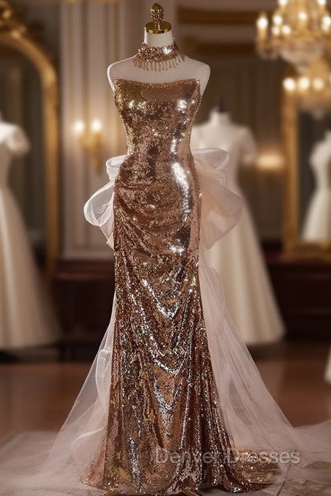 Gold Mermaid Sequins Strapless Pleats Prom Dress