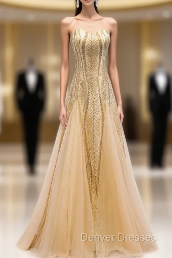Gold Mermaid Sequins Tulle Sleeveless Prom Dress