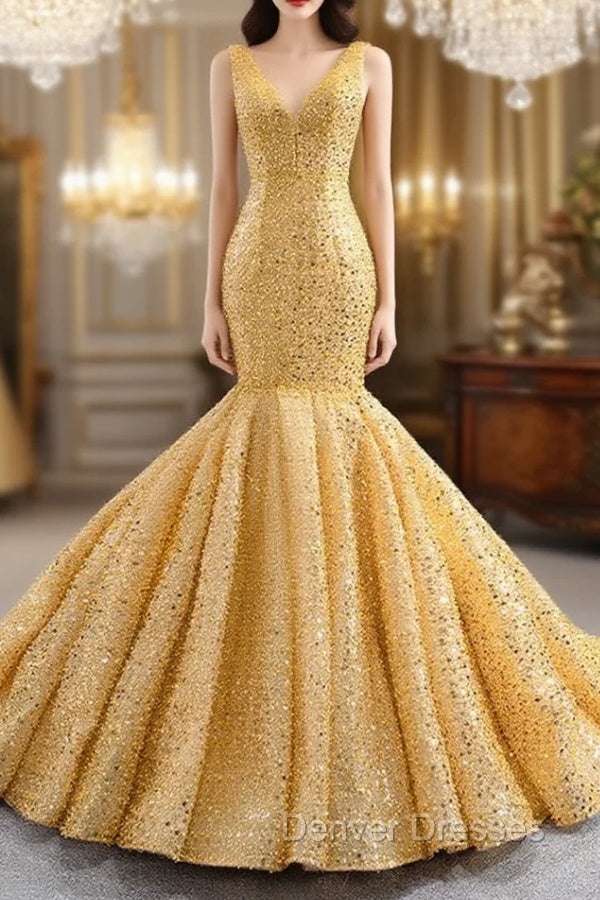Gold Mermaid V-neck Sequins Pearls Prom Dress Main image
