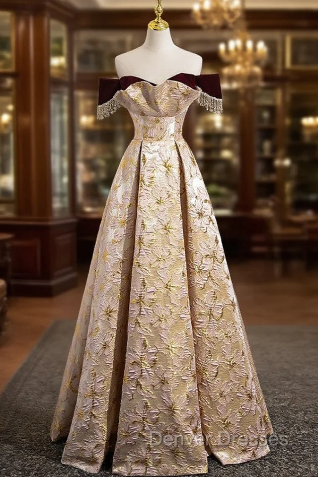 Gold Off The Shoulder Beading Prom Dress Main image