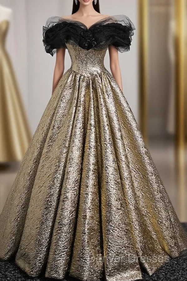 Gold Off the Shoulder Black Flower Prom Dress Main image