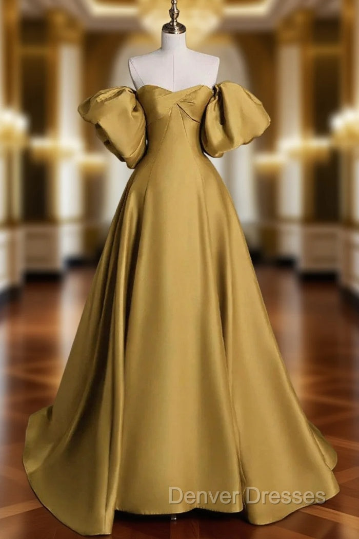 Gold Satin A-line Lace-up Long Party Dress with Sleeves, Gold Satin Prom Dress Main image