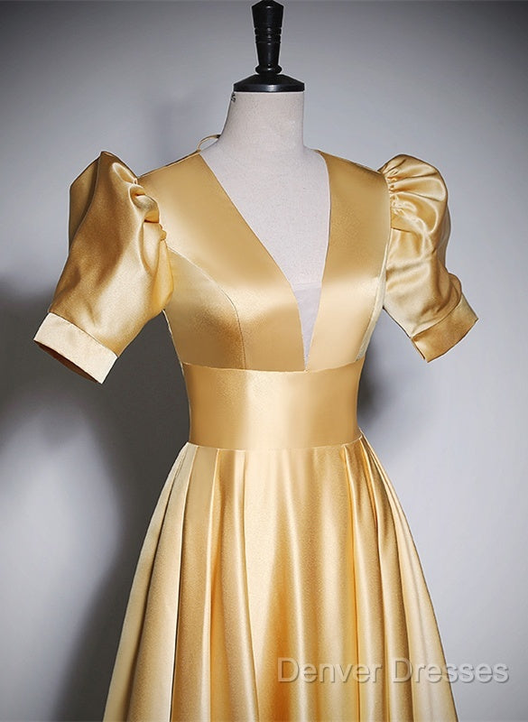 Gold Satin A-Line Short Sleeves Floor Length Party Dress, Gold Simple Formal Dress Secondary image