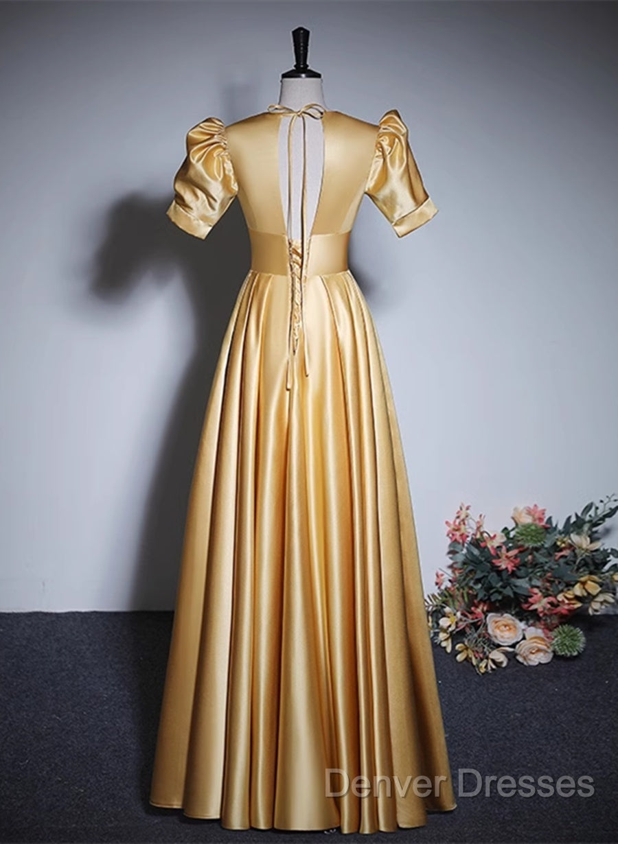 Gold Satin A-Line Short Sleeves Floor Length Party Dress, Gold Simple Formal Dress