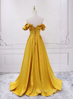 Gold Satin A-line Sweetheart Long Junior Prom Dress, Floor Length Satin Evening Dress
